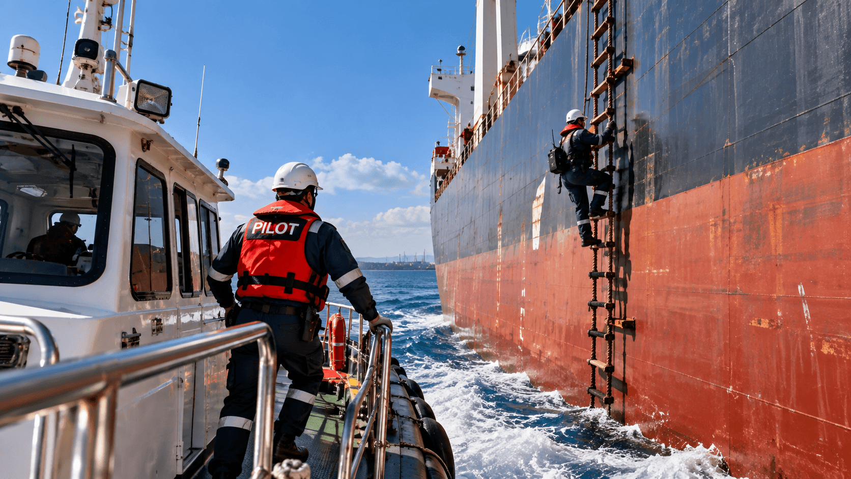 Piloto a subir a escada de portaló a partir do barco-piloto