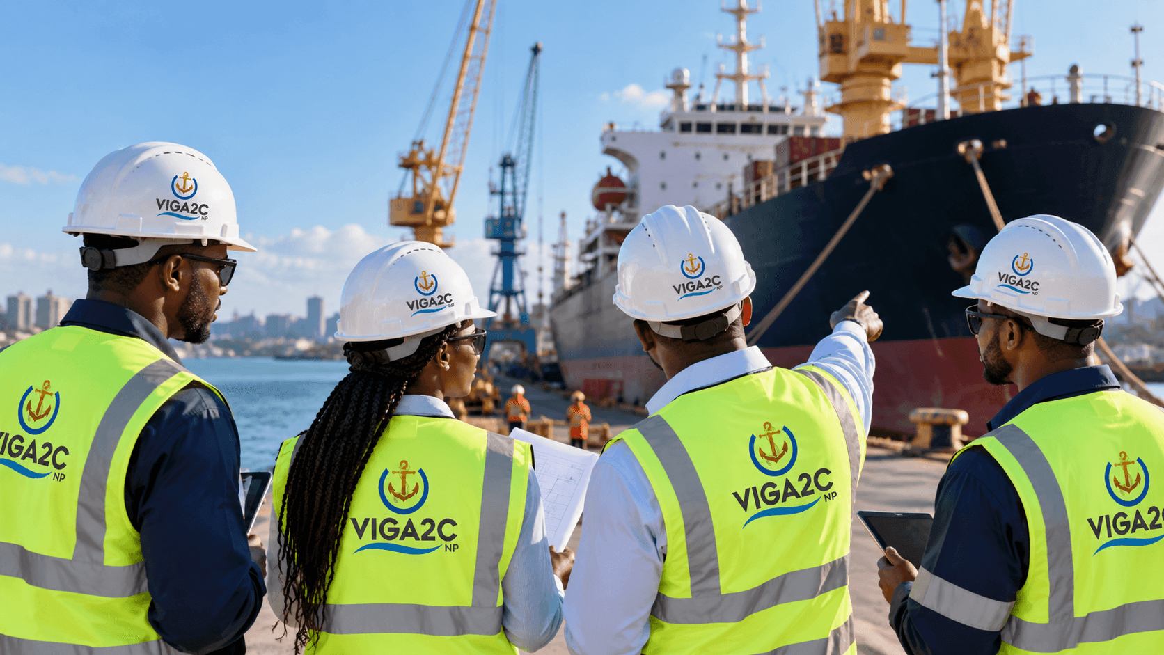 Equipa da VIGA2C no cais, junto a um navio